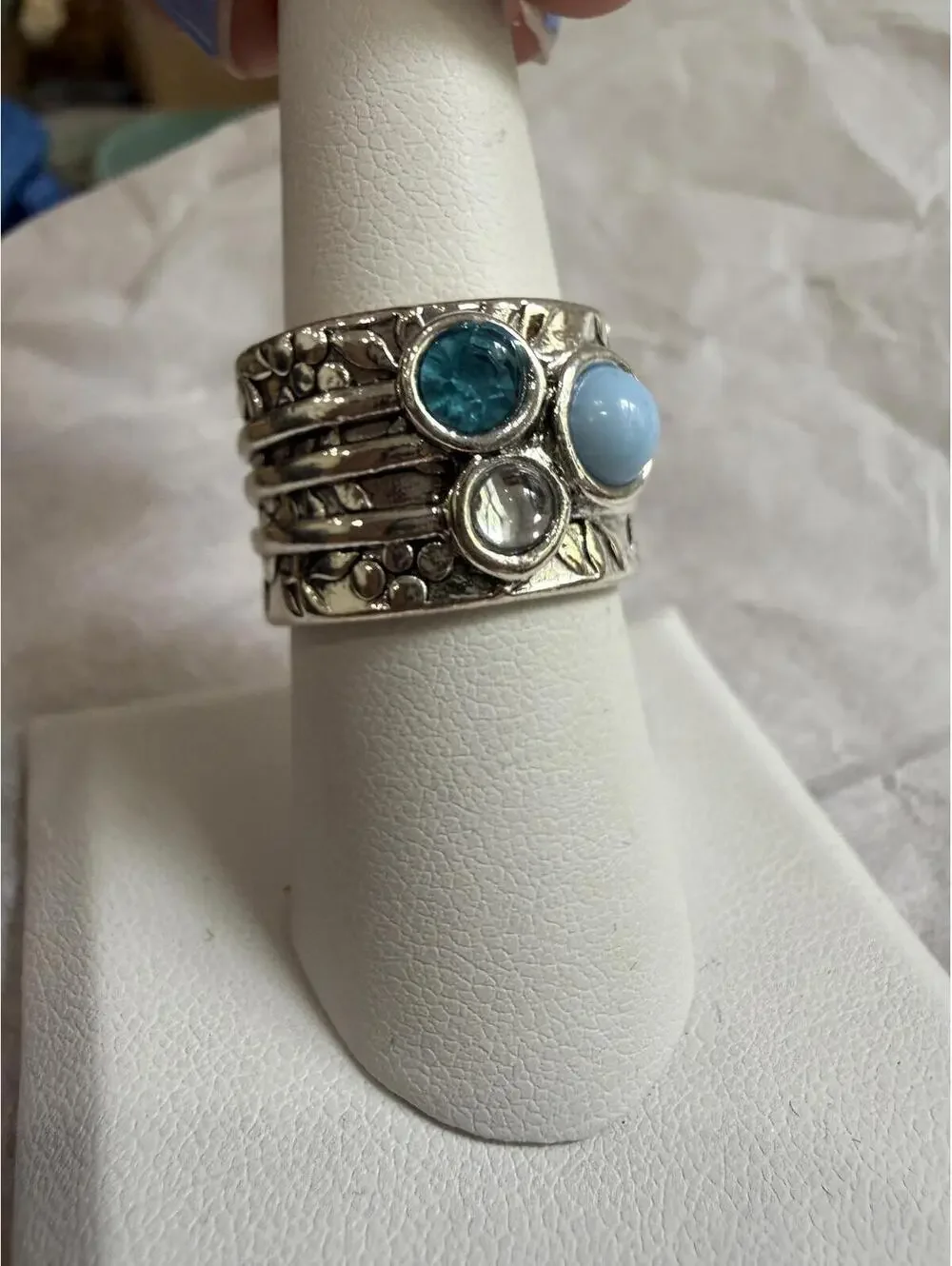 Silver Tone Ring with Blue and Clear Stones 7.5 Size